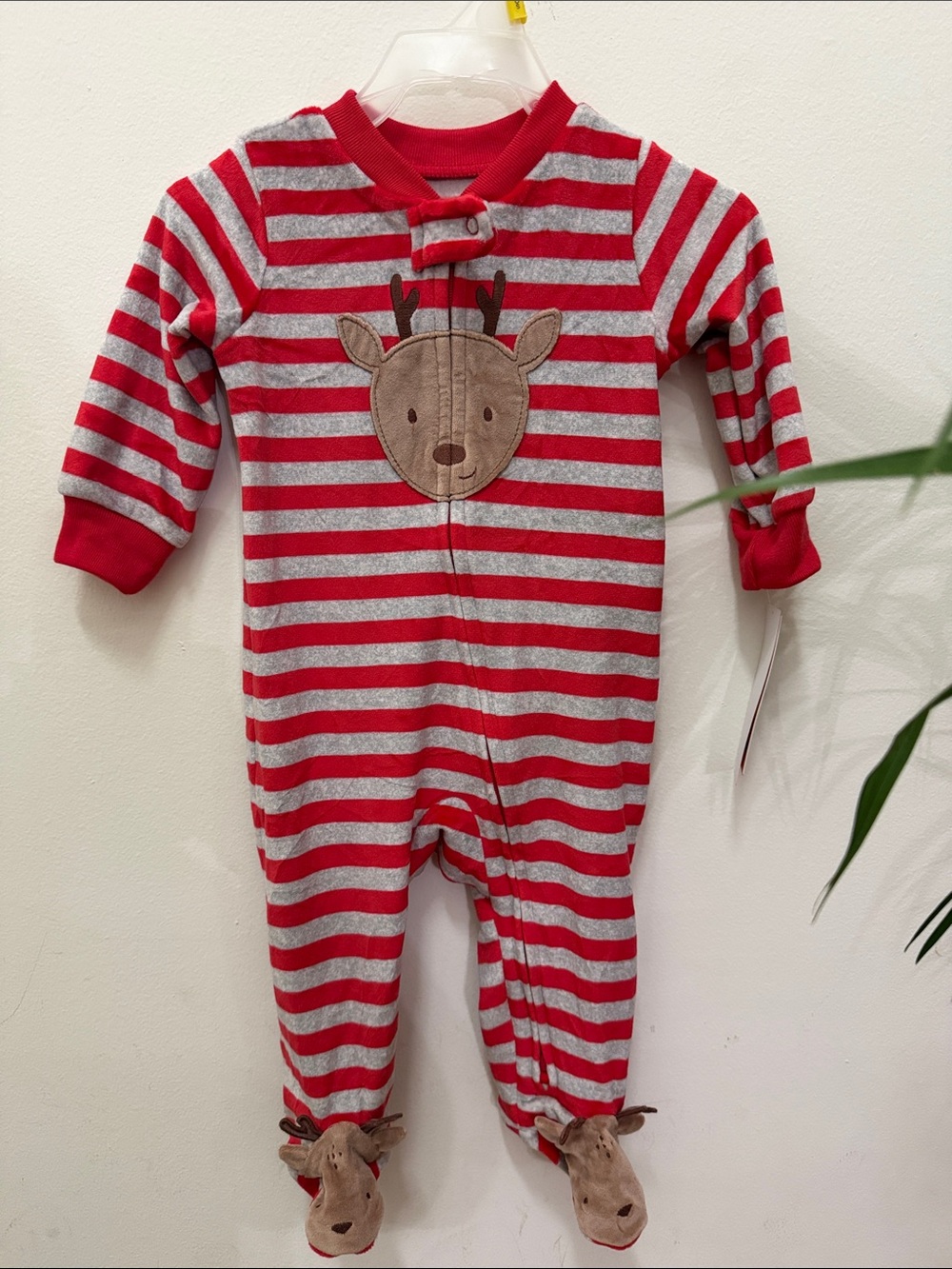 Carter's Red & Gray Striped Reindeer Footed One-Piece